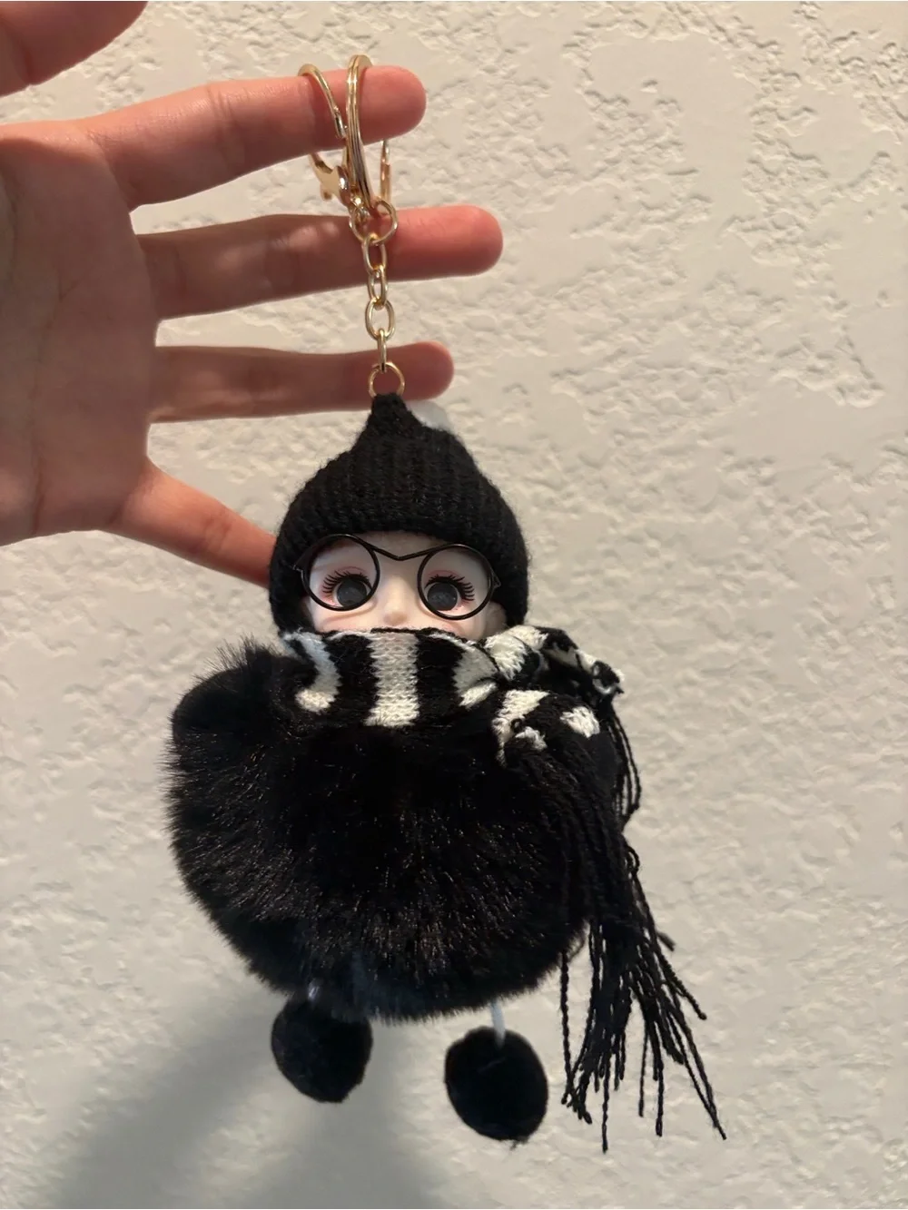 Plush Pom-Pom Doll Bag Charm Keychain with Black Knit Hat and Scarf
